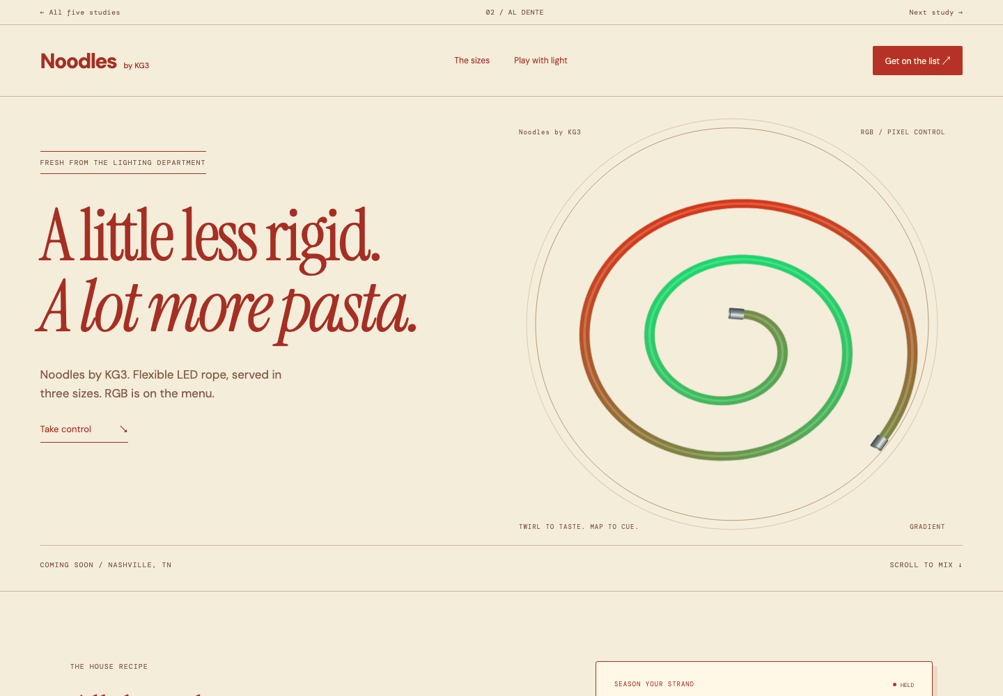 Al Dente design with a continuous glowing RGB strand